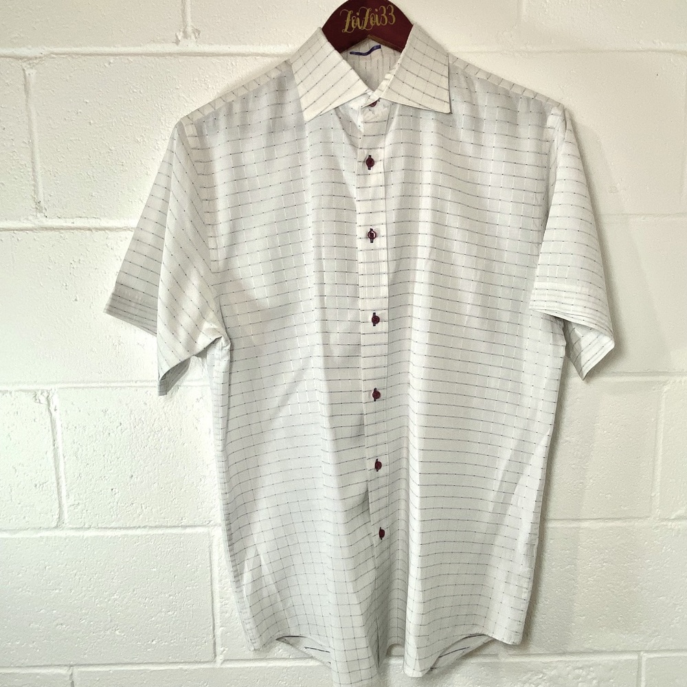 ROAR Men's White & Blue Embroidered Button Up Short Sleeve Shirt